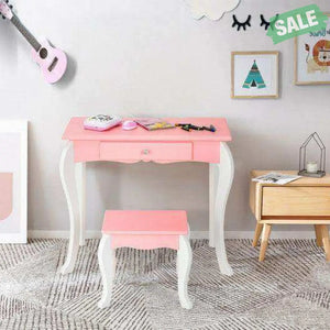 Kids Vanity Princess Makeup Dressing Table Stool Set with Mirror and Drawer-Pink Pink Kids Vanities