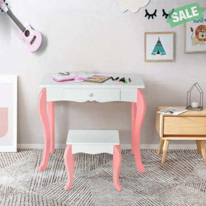 Kids Vanity Princess Makeup Dressing Table Stool Set with Mirror and Drawer-Pink Pink Kids Vanities