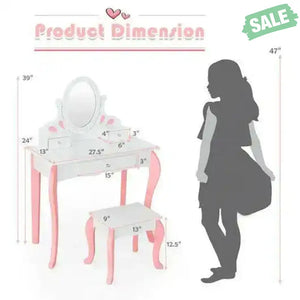 Kids Vanity Princess Makeup Dressing Table Stool Set with Mirror and Drawer-Pink Pink Kids Vanities