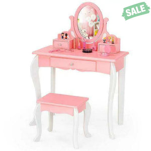 Kids Vanity Princess Makeup Dressing Table Stool Set with Mirror and Drawer-Pink Pink Kids Vanities