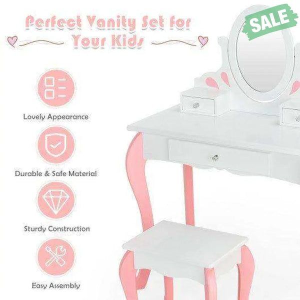 Kids Vanity Princess Makeup Dressing Table Stool Set with Mirror and Drawer-Pink Pink Kids Vanities