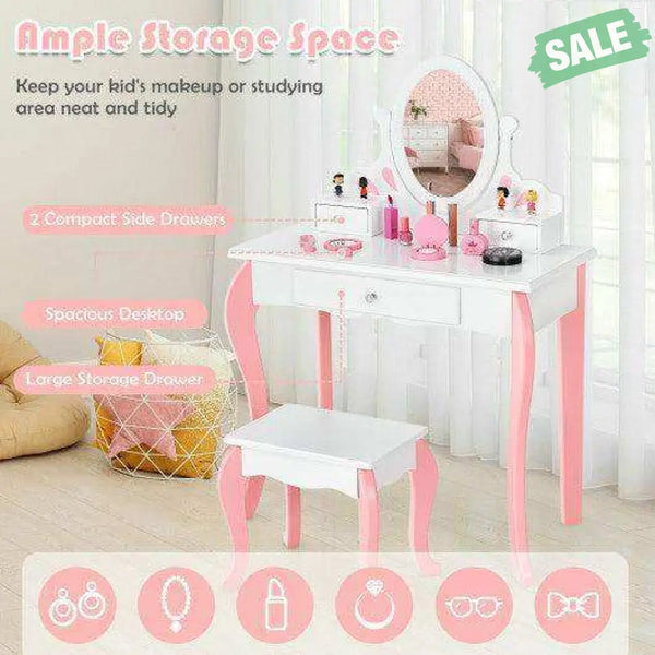 Kids Vanity Princess Makeup Dressing Table Stool Set with Mirror and Drawer-Pink Pink Kids Vanities
