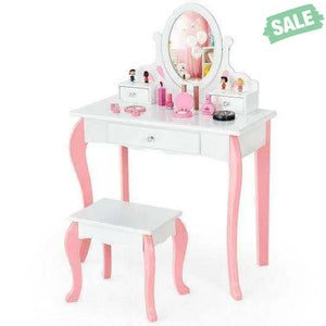Kids Vanity Princess Makeup Dressing Table Stool Set with Mirror and Drawer-Pink Pink Kids Vanities