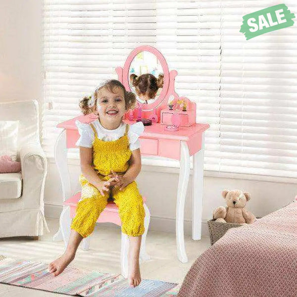 Kids Vanity Princess Makeup Dressing Table Stool Set with Mirror and Drawer-Pink Pink Kids Vanities