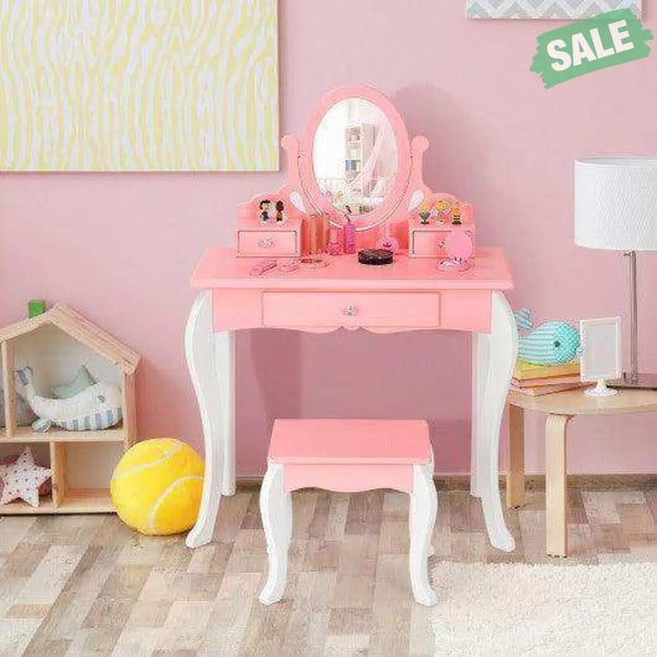 Kids Vanity Princess Makeup Dressing Table Stool Set with Mirror and Drawer-Pink Pink Kids Vanities