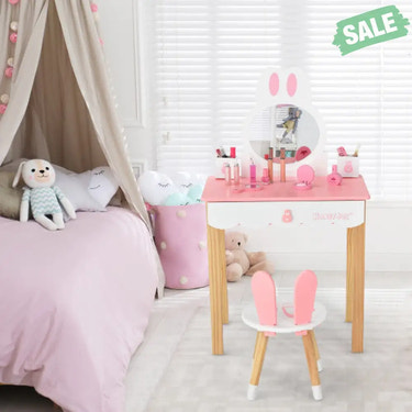 Kids Vanity Set Rabbit Makeup Dressing Table Chair Set with Mirror and Drawer-Pink Kids Vanities
