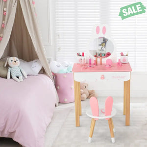 Kids Vanity Set Rabbit Makeup Dressing Table Chair Set with Mirror and Drawer-Pink Kids Vanities