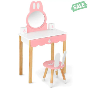 Kids Vanity Set Rabbit Makeup Dressing Table Chair Set with Mirror and Drawer-Pink Kids Vanities