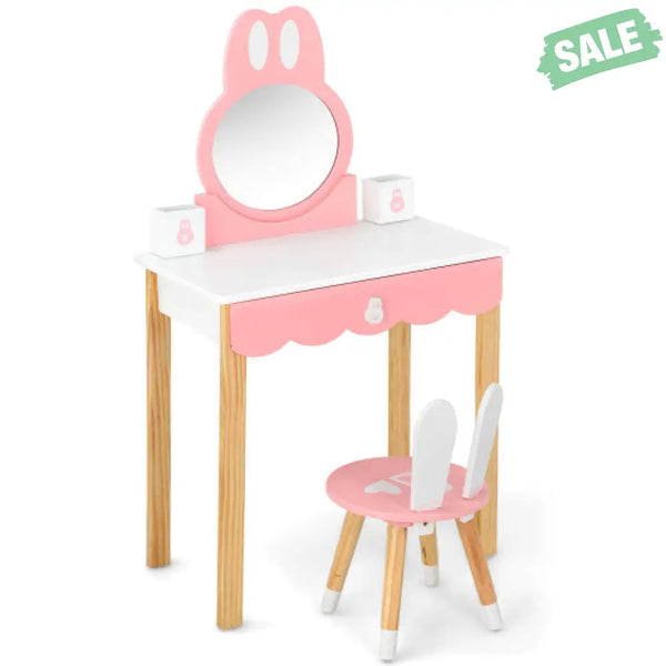Kids Vanity Set Rabbit Makeup Dressing Table Chair Set with Mirror and Drawer-Pink Kids Vanities