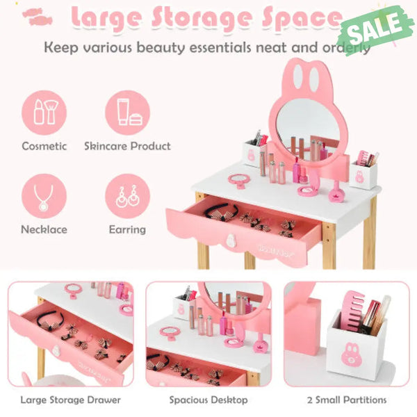Kids Vanity Set Rabbit Makeup Dressing Table Chair Set with Mirror and Drawer-Pink Kids Vanities