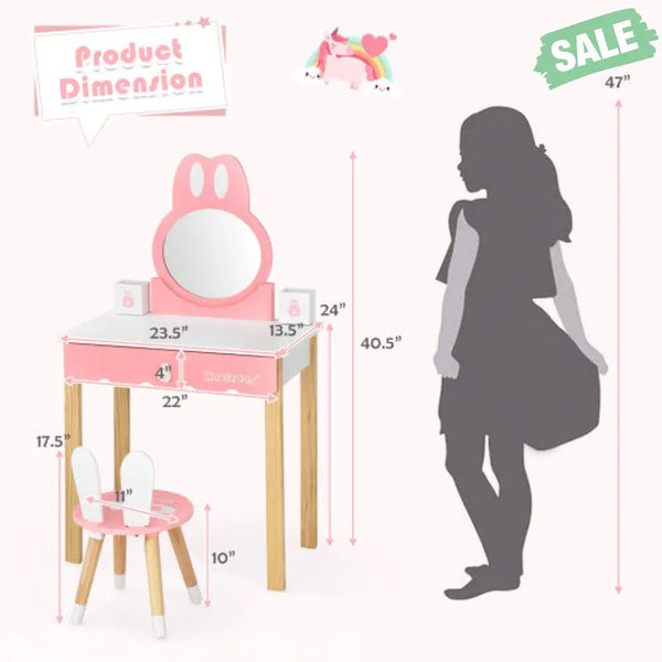 Kids Vanity Set Rabbit Makeup Dressing Table Chair Set with Mirror and Drawer-Pink Kids Vanities