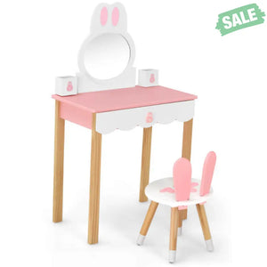 Kids Vanity Set Rabbit Makeup Dressing Table Chair Set with Mirror and Drawer-Pink Kids Vanities