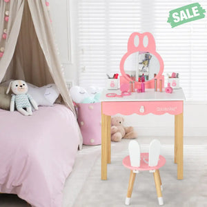 Kids Vanity Set Rabbit Makeup Dressing Table Chair Set with Mirror and Drawer-Pink Kids Vanities