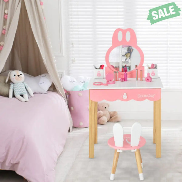 Kids Vanity Set Rabbit Makeup Dressing Table Chair Set with Mirror and Drawer-Pink Kids Vanities