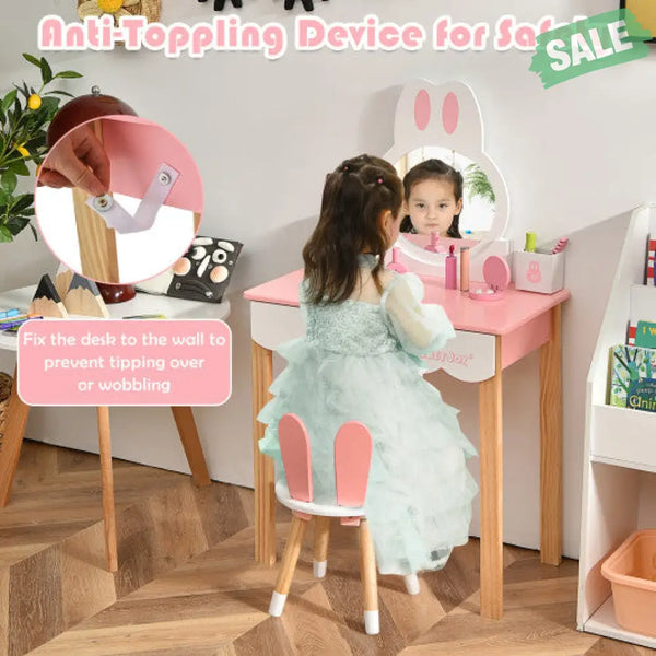 Kids Vanity Set Rabbit Makeup Dressing Table Chair Set with Mirror and Drawer-Pink Kids Vanities