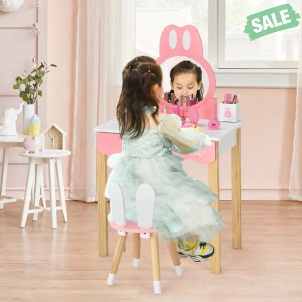 Kids Vanity Set Rabbit Makeup Dressing Table Chair Set with Mirror and Drawer-Pink Kids Vanities
