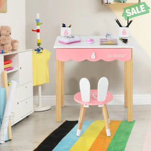 Kids Vanity Set Rabbit Makeup Dressing Table Chair Set with Mirror and Drawer-Pink White Kids Vanities
