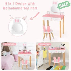 Kids Vanity Set Rabbit Makeup Dressing Table Chair Set with Mirror and Drawer-Pink Kids Vanities