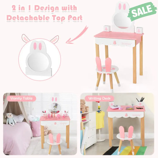 Kids Vanity Set Rabbit Makeup Dressing Table Chair Set with Mirror and Drawer-Pink Kids Vanities