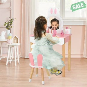 Kids Vanity Set Rabbit Makeup Dressing Table Chair Set with Mirror and Drawer-Pink Pink Kids Vanities