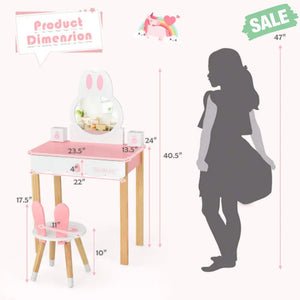 Kids Vanity Set Rabbit Makeup Dressing Table Chair Set with Mirror and Drawer-Pink Kids Vanities