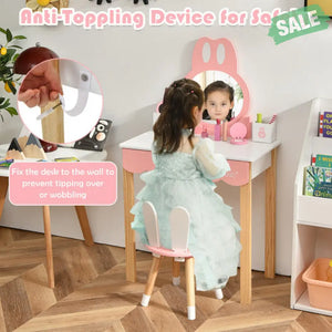 Kids Vanity Set Rabbit Makeup Dressing Table Chair Set with Mirror and Drawer-Pink Kids Vanities