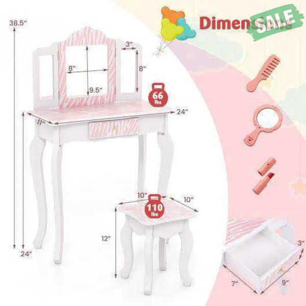 Kids Vanity Set with Drawer and 3 Makeup Accessories-Pink Kids Vanities