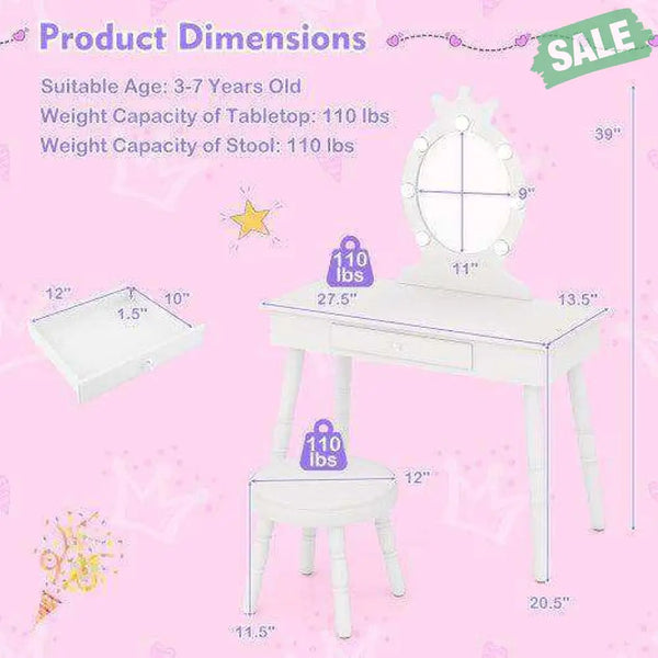 Kids Vanity Set with Lighted Mirror with Adjustable Brightness and Large Drawer-Pink Pink Kids Vanities