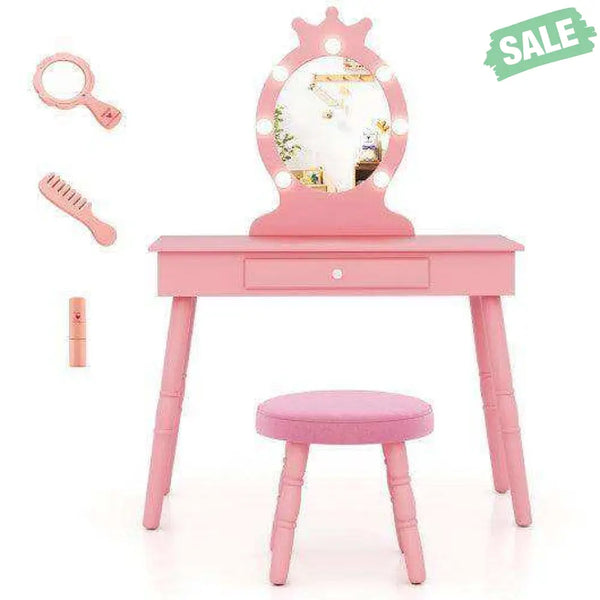Kids Vanity Set with Lighted Mirror with Adjustable Brightness and Large Drawer-Pink Pink Kids Vanities