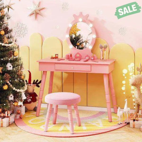 Kids Vanity Set with Lighted Mirror with Adjustable Brightness and Large Drawer-Pink Pink Kids Vanities