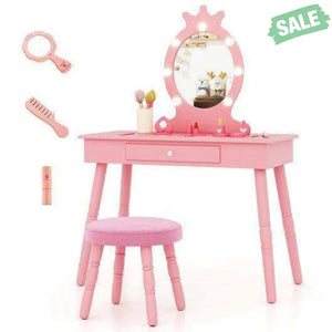 Kids Vanity Set with Lighted Mirror with Adjustable Brightness and Large Drawer-Pink Pink Kids Vanities