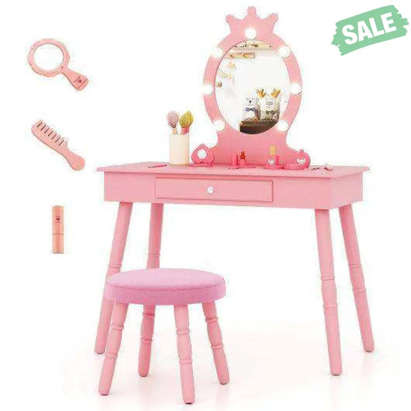 Kids Vanity Set with Lighted Mirror with Adjustable Brightness and Large Drawer-Pink Pink Kids Vanities