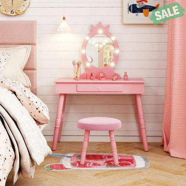 Kids Vanity Set with Lighted Mirror with Adjustable Brightness and Large Drawer-Pink Pink Kids Vanities
