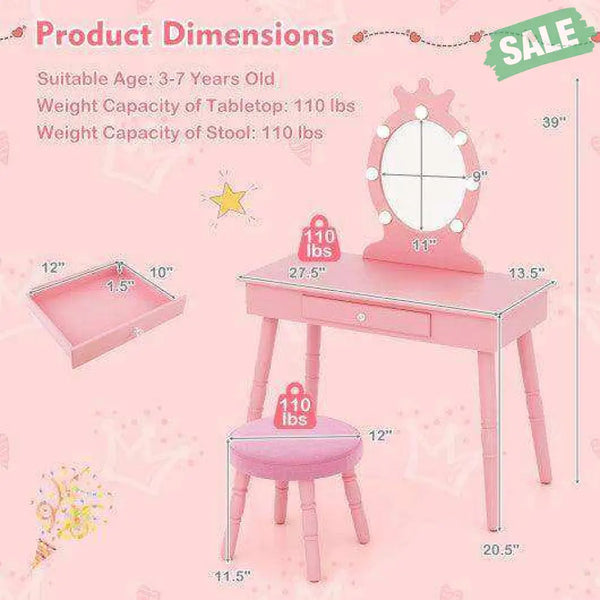 Kids Vanity Set with Lighted Mirror with Adjustable Brightness and Large Drawer-Pink Pink Kids Vanities