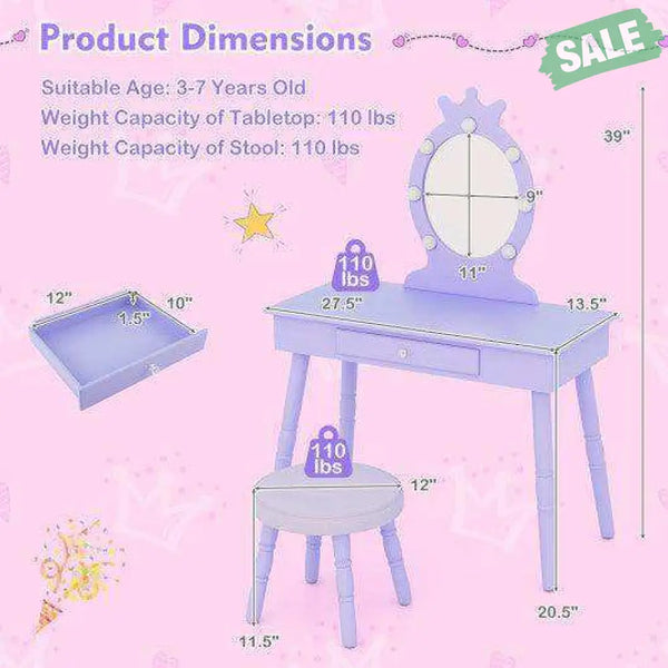 Kids Vanity Set with Lighted Mirror with Adjustable Brightness and Large Drawer-Pink Pink Kids Vanities