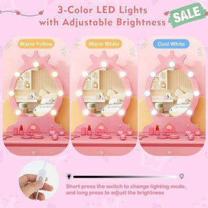 Kids Vanity Set with Lighted Mirror with Adjustable Brightness and Large Drawer-Pink Pink Kids Vanities