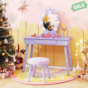 Kids Vanity Set with Lighted Mirror with Adjustable Brightness and Large Drawer-Purple