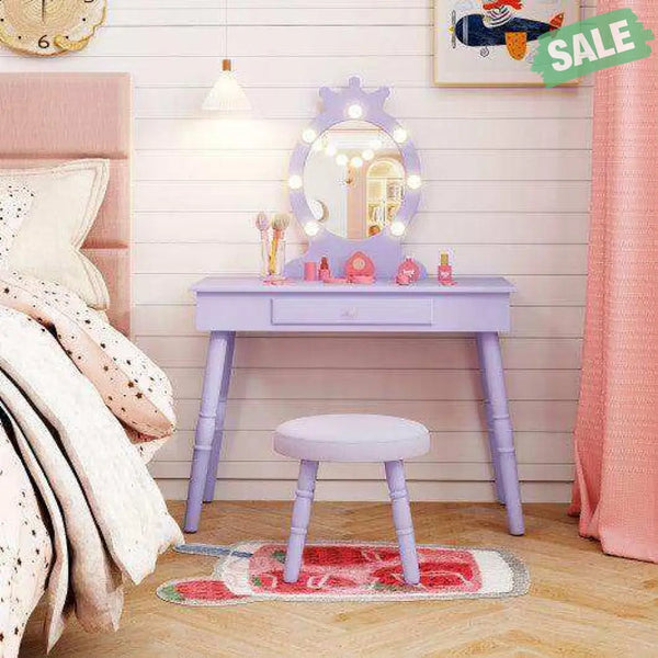 Kids Vanity Set with Lighted Mirror with Adjustable Brightness and Large Drawer-Purple
