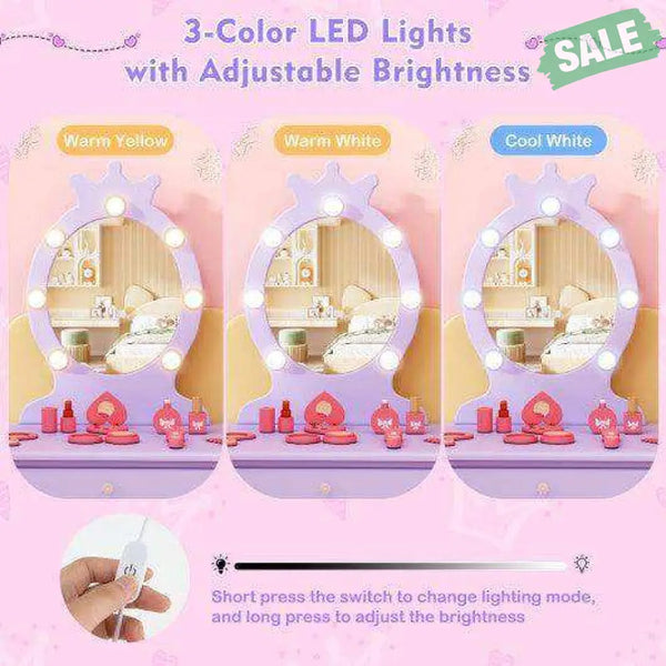 Kids Vanity Set with Lighted Mirror with Adjustable Brightness and Large Drawer-Purple