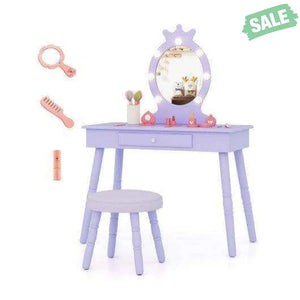 Kids Vanity Set with Lighted Mirror with Adjustable Brightness and Large Drawer-Purple
