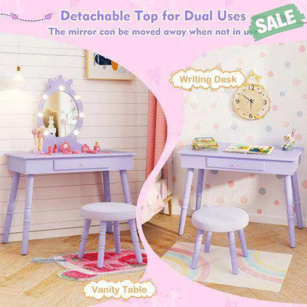 Kids Vanity Set with Lighted Mirror with Adjustable Brightness and Large Drawer-Purple