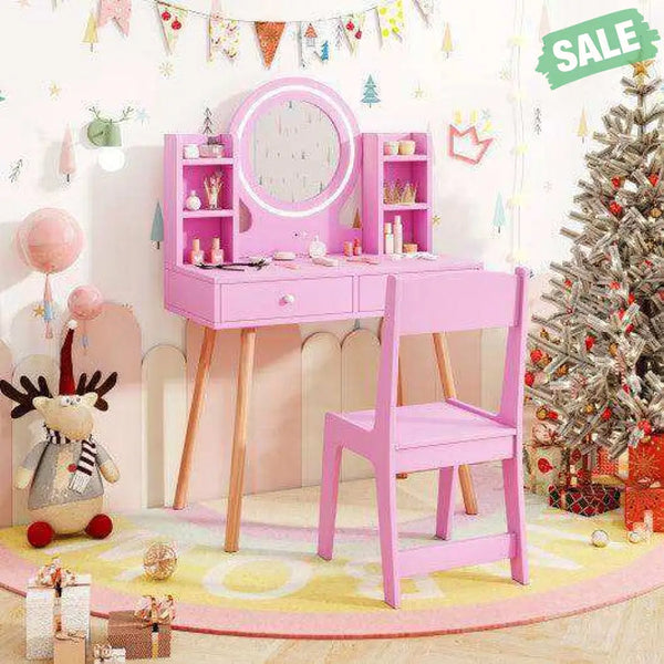 Kids Vanity Set with Lighted Mirror and Storage Drawers-Pink