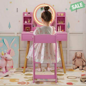 Kids Vanity Set with Lighted Mirror and Storage Drawers-Pink