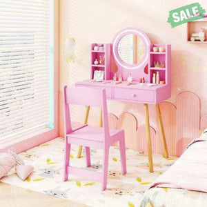 Kids Vanity Set with Lighted Mirror and Storage Drawers-Pink