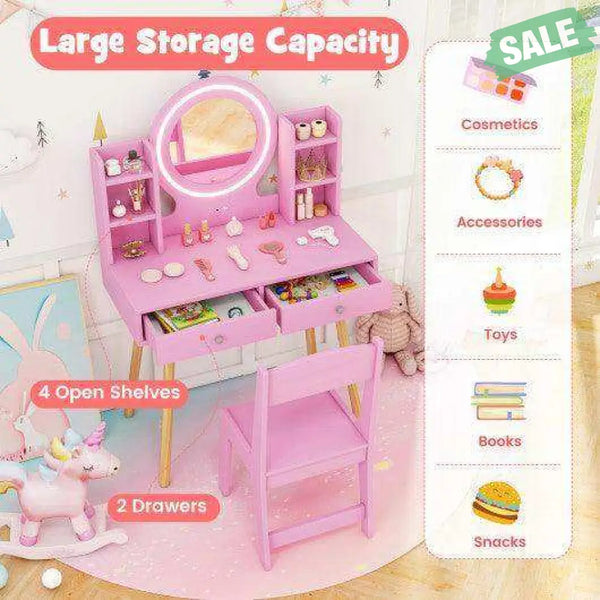 Kids Vanity Set with Lighted Mirror and Storage Drawers-Pink