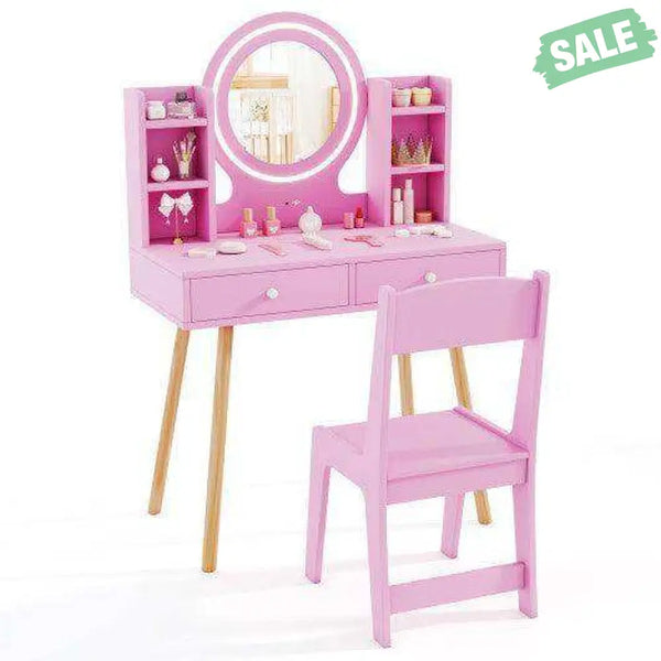 Kids Vanity Set with Lighted Mirror and Storage Drawers-Pink