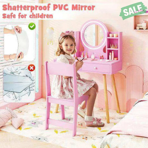 Kids Vanity Set with Lighted Mirror and Storage Drawers-White White Kids Vanities