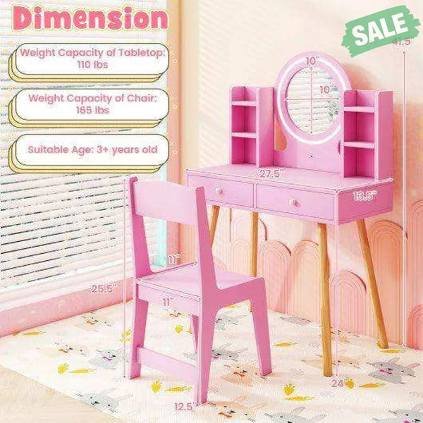 Kids Vanity Set with Lighted Mirror and Storage Drawers-White White Kids Vanities