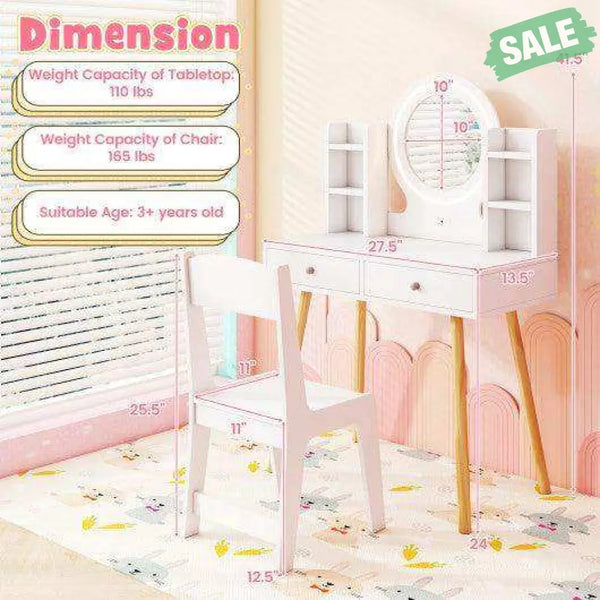 Kids Vanity Set with Lighted Mirror and Storage Drawers-White White Kids Vanities