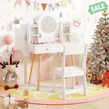 Kids Vanity Set with Lighted Mirror and Storage Drawers-White White Kids Vanities